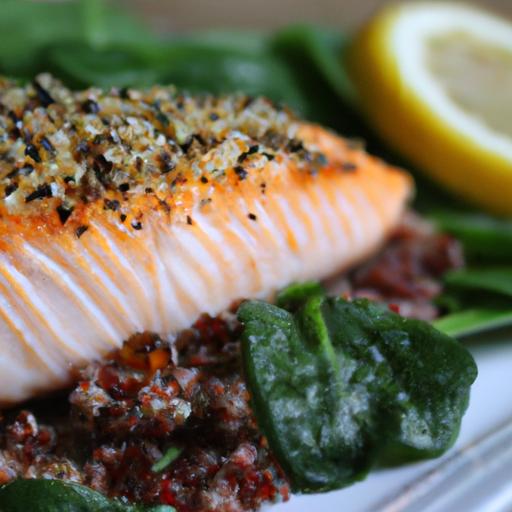 Savor grilled Salmon on Nutty Quinoa & Fresh Spinach Salad
